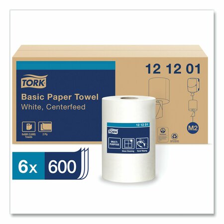 Tork Tork Basic Centerfeed Paper Wiper White M2, High Absorbency, 6 x 600 Sheets, 121201 121201